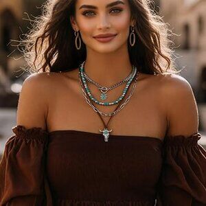 Boho Layered Choker Necklace Set Turquoise Beaded Western Pendant Jewelry